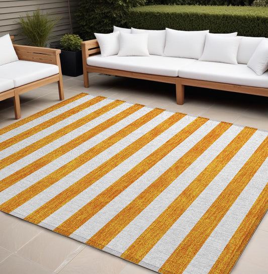 8' X 10' Orange and White Striped Washable Non Skid Indoor Outdoor Area Rug