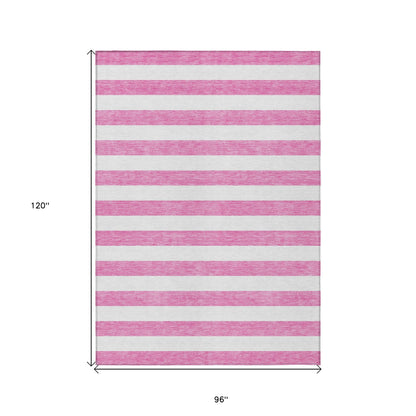 8' X 10' Pink and White Striped Washable Non Skid Indoor Outdoor Area Rug