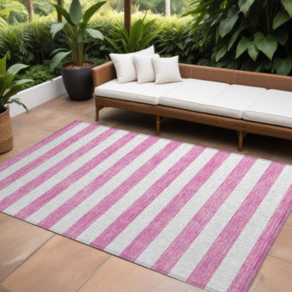 8' X 10' Pink and White Striped Washable Non Skid Indoor Outdoor Area Rug