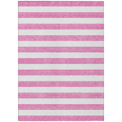 8' X 10' Pink and White Striped Washable Non Skid Indoor Outdoor Area Rug