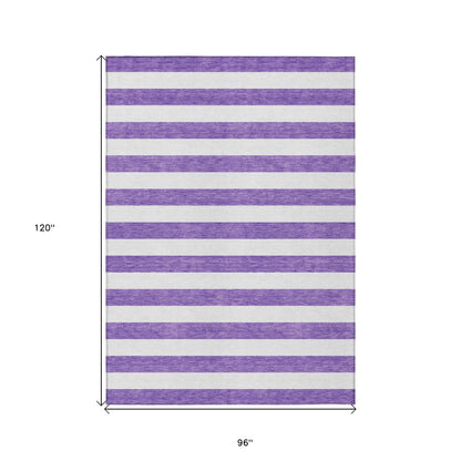 8' X 10' Purple and White Striped Washable Non Skid Indoor Outdoor Area Rug