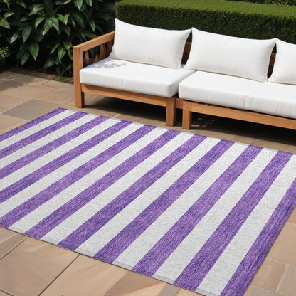 8' X 10' Purple and White Striped Washable Non Skid Indoor Outdoor Area Rug