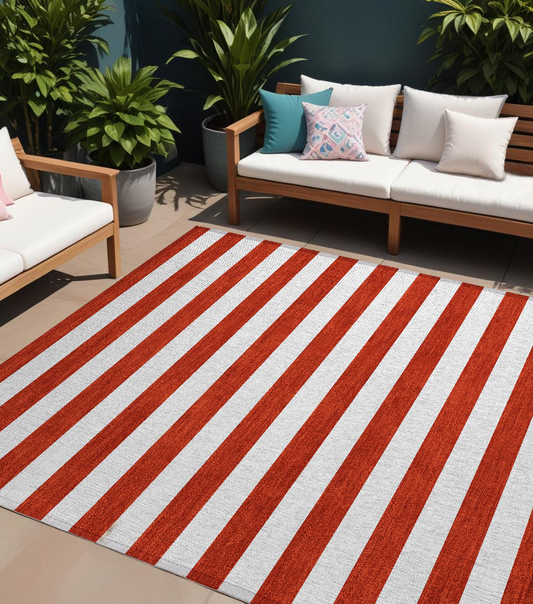 8' X 10' Red and White Striped Washable Non Skid Indoor Outdoor Area Rug