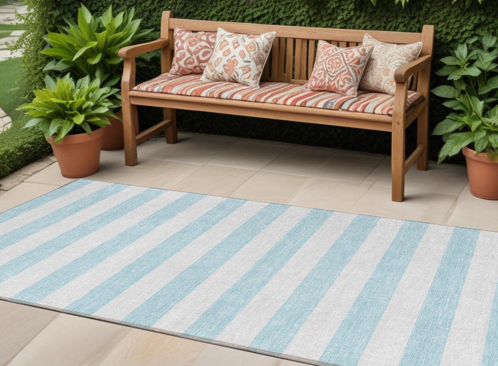 8' Runner Sky Blue Striped Washable Non Skid Indoor Outdoor Runner Rug