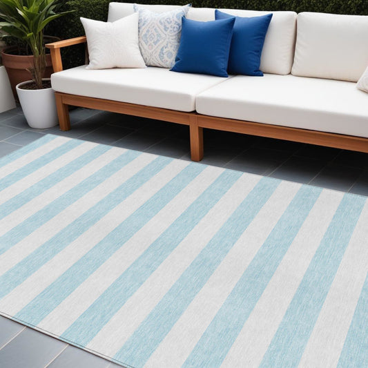 8' X 10' Blue and White Striped Washable Indoor Outdoor Area Rug