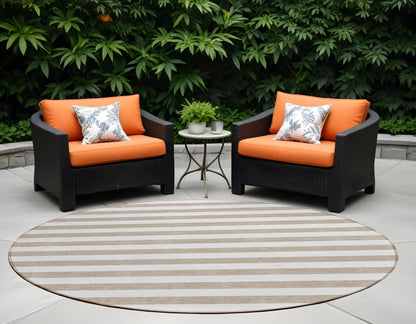 8' X 8' Taupe and White Round Striped Washable Indoor Outdoor Area Rug