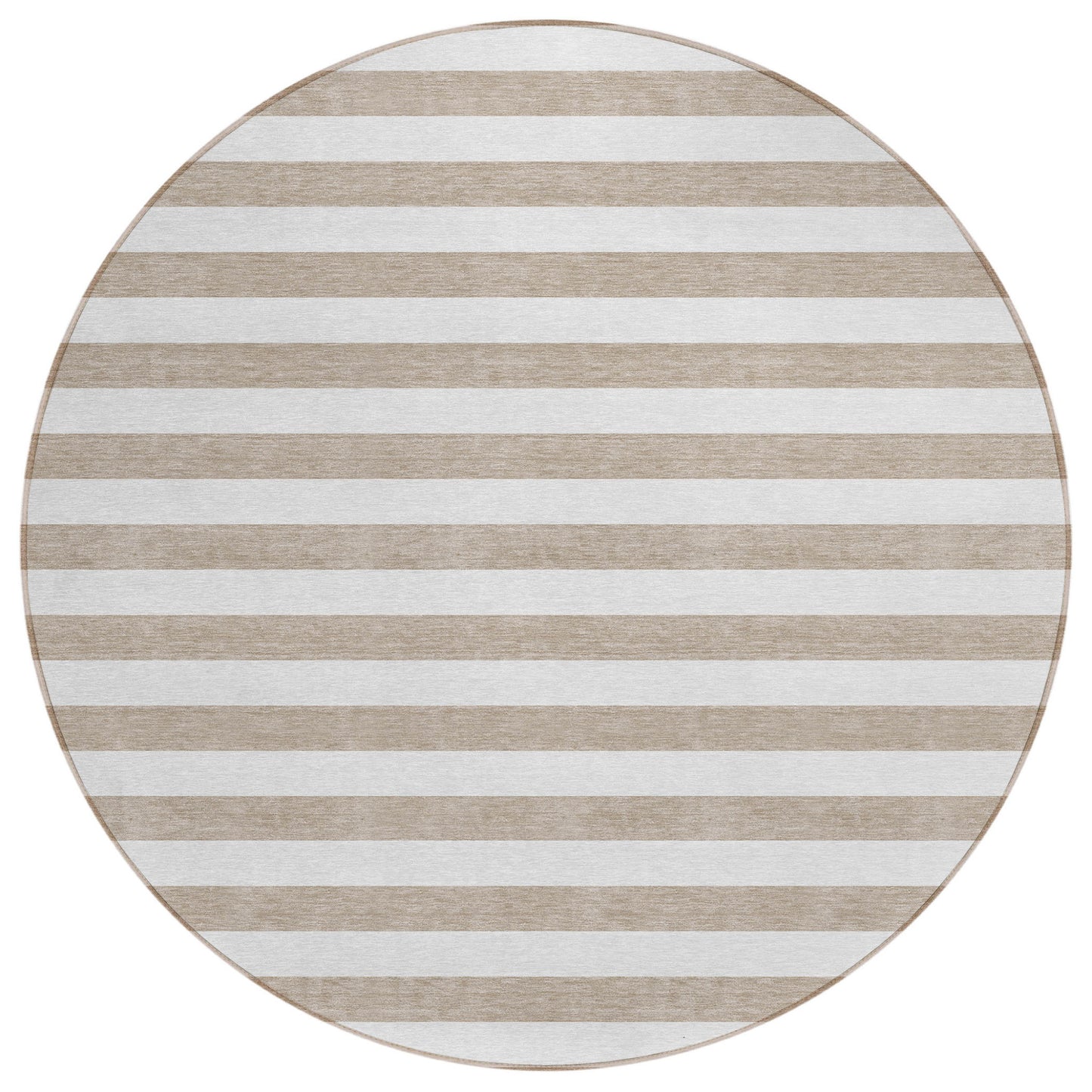 8' X 8' Taupe and White Round Striped Washable Indoor Outdoor Area Rug