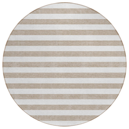 8' X 8' Taupe and White Round Striped Washable Indoor Outdoor Area Rug