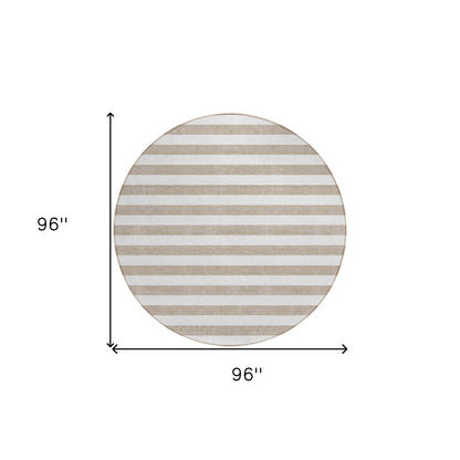 8' X 8' Taupe and White Round Striped Washable Indoor Outdoor Area Rug