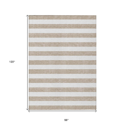 8' X 10' Taupe and White Striped Washable Indoor Outdoor Area Rug