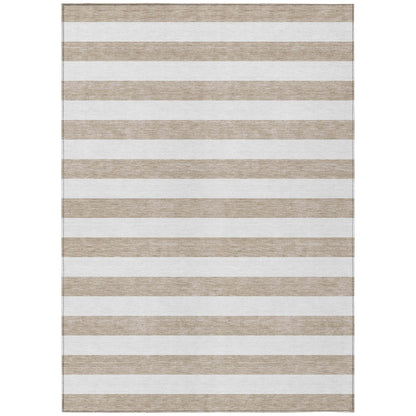 8' X 10' Taupe and White Striped Washable Indoor Outdoor Area Rug