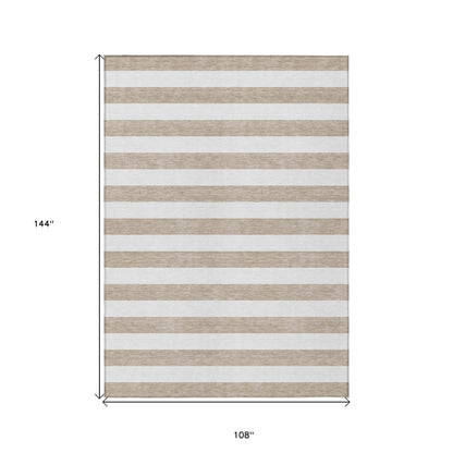 9' X 12' Taupe and White Striped Washable Indoor Outdoor Area Rug