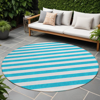 8' X 8' Teal and White Round Striped Washable Indoor Outdoor Area Rug