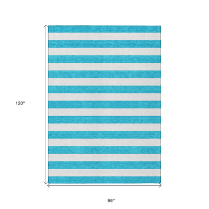 8' X 10' Teal and White Striped Washable Indoor Outdoor Area Rug