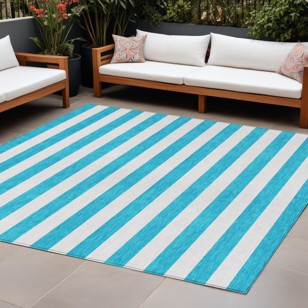 8' X 10' Teal and White Striped Washable Indoor Outdoor Area Rug