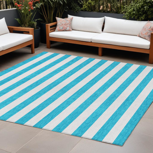 9' X 12' Teal and White Striped Washable Indoor Outdoor Area Rug