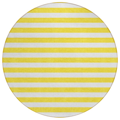 8' X 8' Yellow and White Round Striped Washable Indoor Outdoor Area Rug