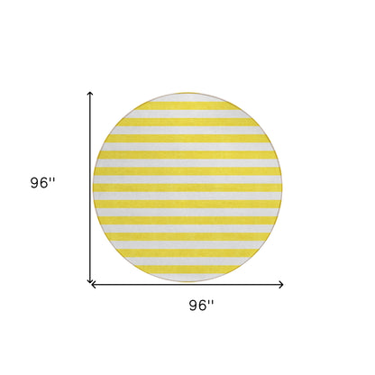 8' X 8' Yellow and White Round Striped Washable Indoor Outdoor Area Rug