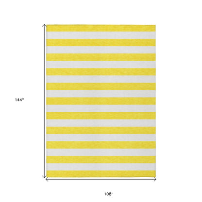 9' X 12' Yellow and White Striped Washable Indoor Outdoor Area Rug