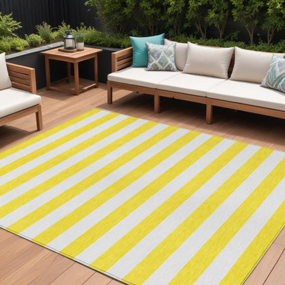 9' X 12' Yellow and White Striped Washable Indoor Outdoor Area Rug