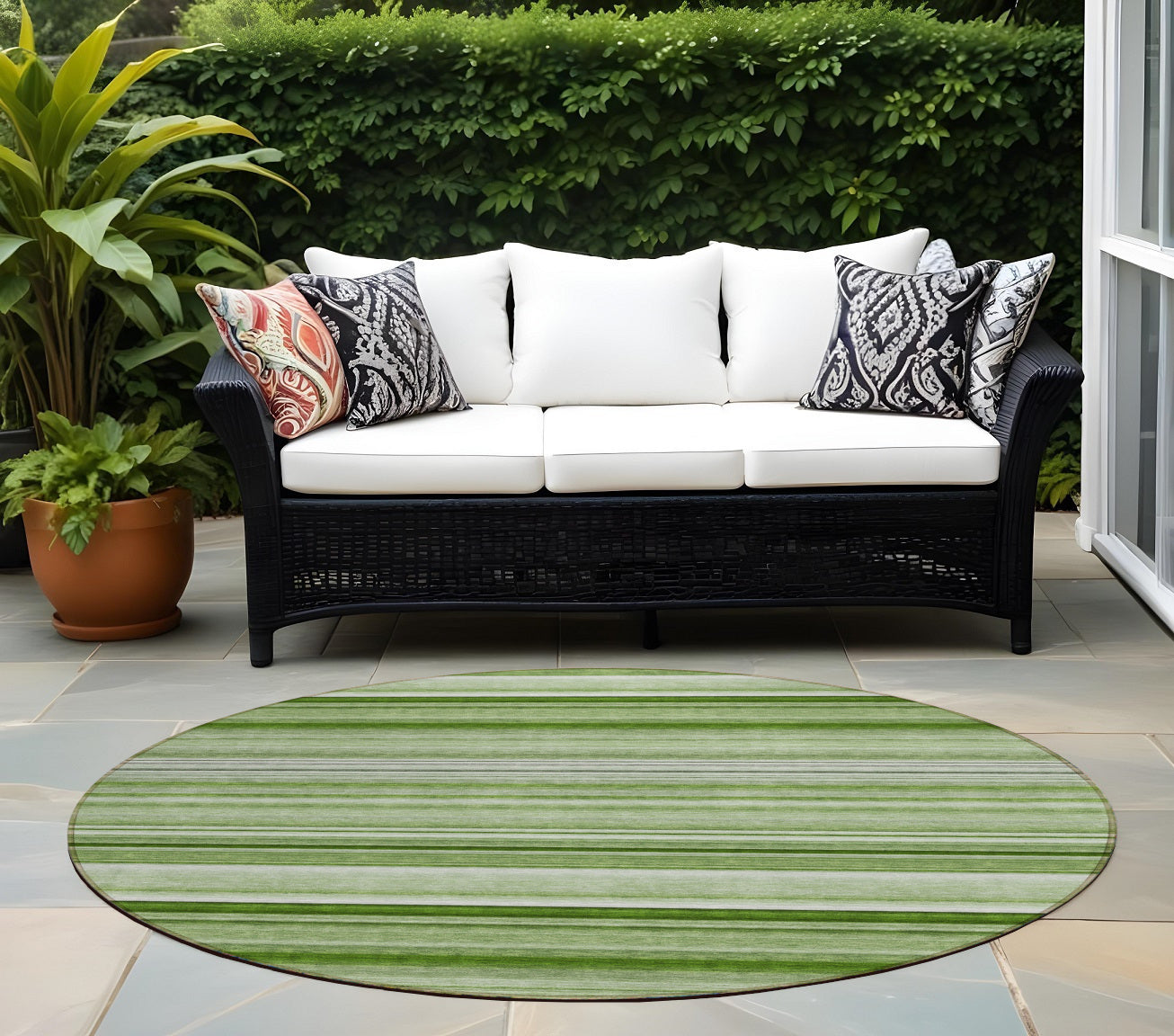 8' X 8' Artichoke Green Round Striped Washable Indoor Outdoor Area Rug