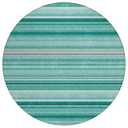 8' X 8' Aqua Round Striped Washable Indoor Outdoor Area Rug