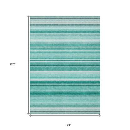 8' X 10' Aqua Striped Washable Indoor Outdoor Area Rug