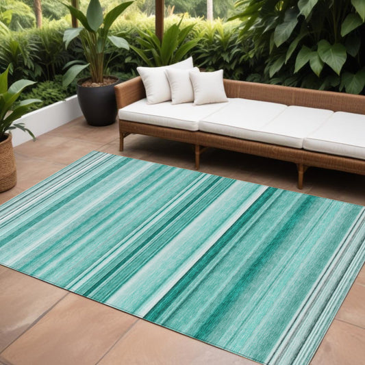 8' X 10' Aqua Striped Washable Indoor Outdoor Area Rug