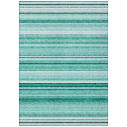 8' X 10' Aqua Striped Washable Indoor Outdoor Area Rug