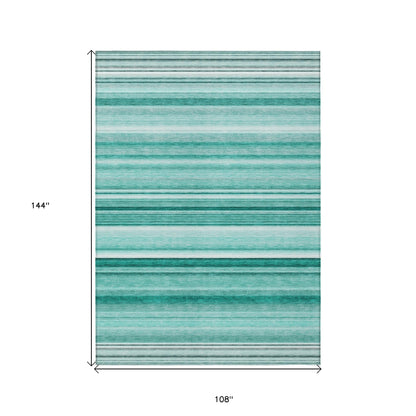 9' X 12' Aqua Striped Washable Indoor Outdoor Area Rug