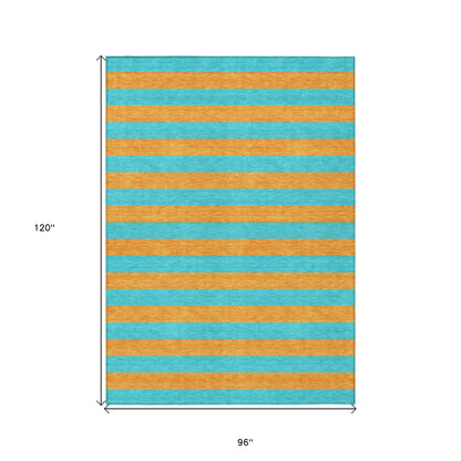 8' X 10' Aqua Striped Washable Non Skid Indoor Outdoor Area Rug