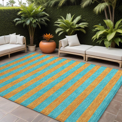 8' X 10' Aqua Striped Washable Non Skid Indoor Outdoor Area Rug