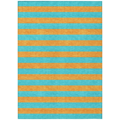 8' X 10' Aqua Striped Washable Non Skid Indoor Outdoor Area Rug