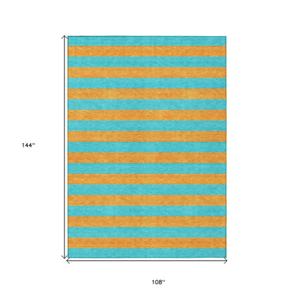 9' X 12' Aqua Striped Washable Non Skid Indoor Outdoor Area Rug