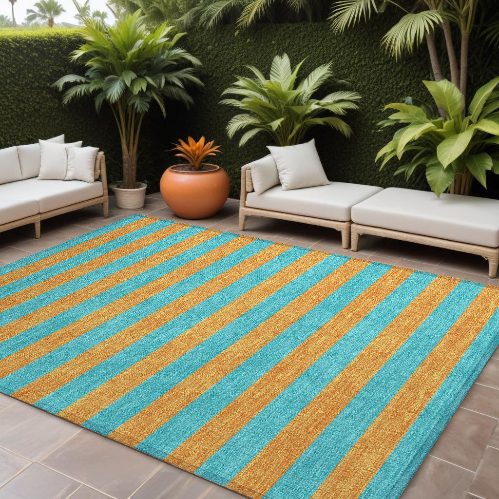 9' X 12' Aqua Striped Washable Non Skid Indoor Outdoor Area Rug