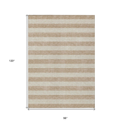 8' X 10' Beige Striped Washable Non Skid Indoor Outdoor Area Rug