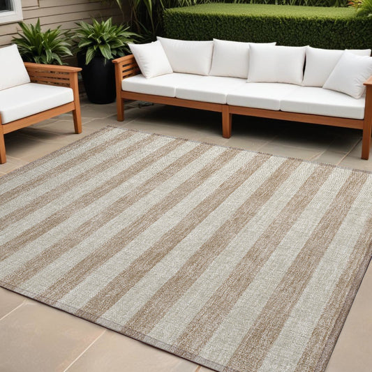 8' X 10' Beige Striped Washable Non Skid Indoor Outdoor Area Rug