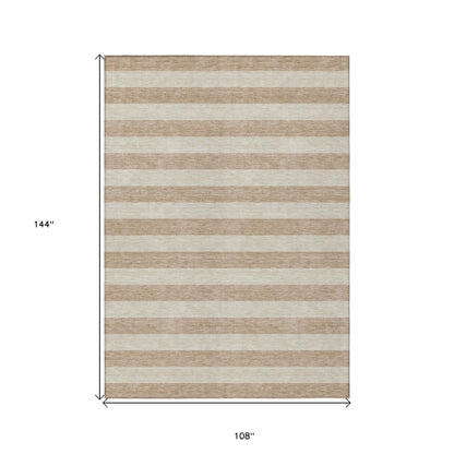 9' X 12' Beige Striped Washable Non Skid Indoor Outdoor Area Rug