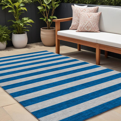 8' X 10' Blue and Ivory Striped Washable Indoor Outdoor Area Rug