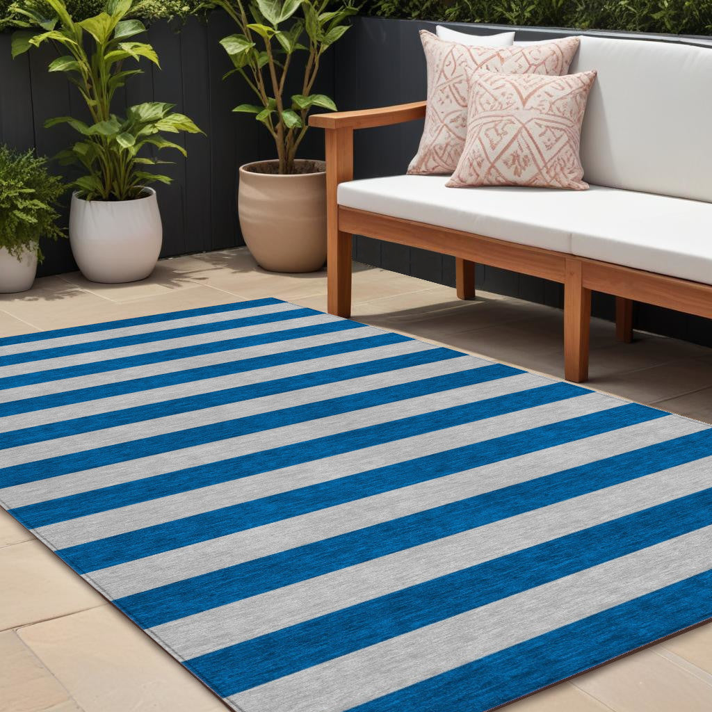 9' X 12' Blue and Ivory Striped Washable Indoor Outdoor Area Rug