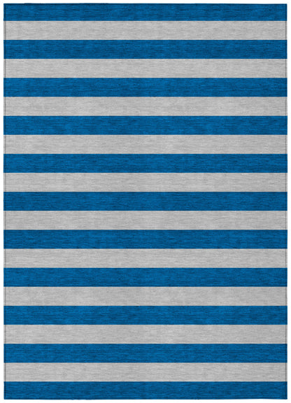 9' X 12' Blue and Ivory Striped Washable Indoor Outdoor Area Rug