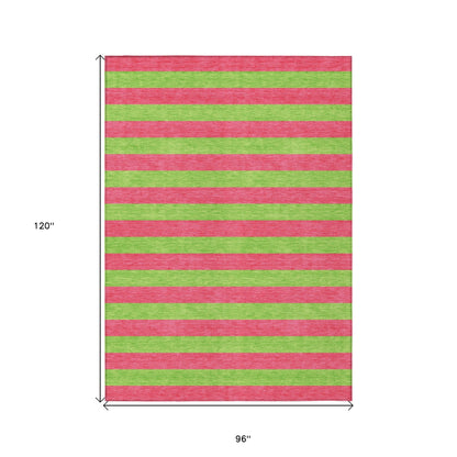 8' X 10' Green and Red Striped Washable Non Skid Indoor Outdoor Area Rug