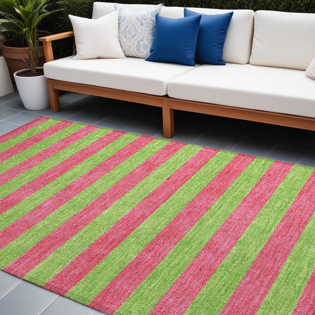 8' X 10' Green and Red Striped Washable Non Skid Indoor Outdoor Area Rug