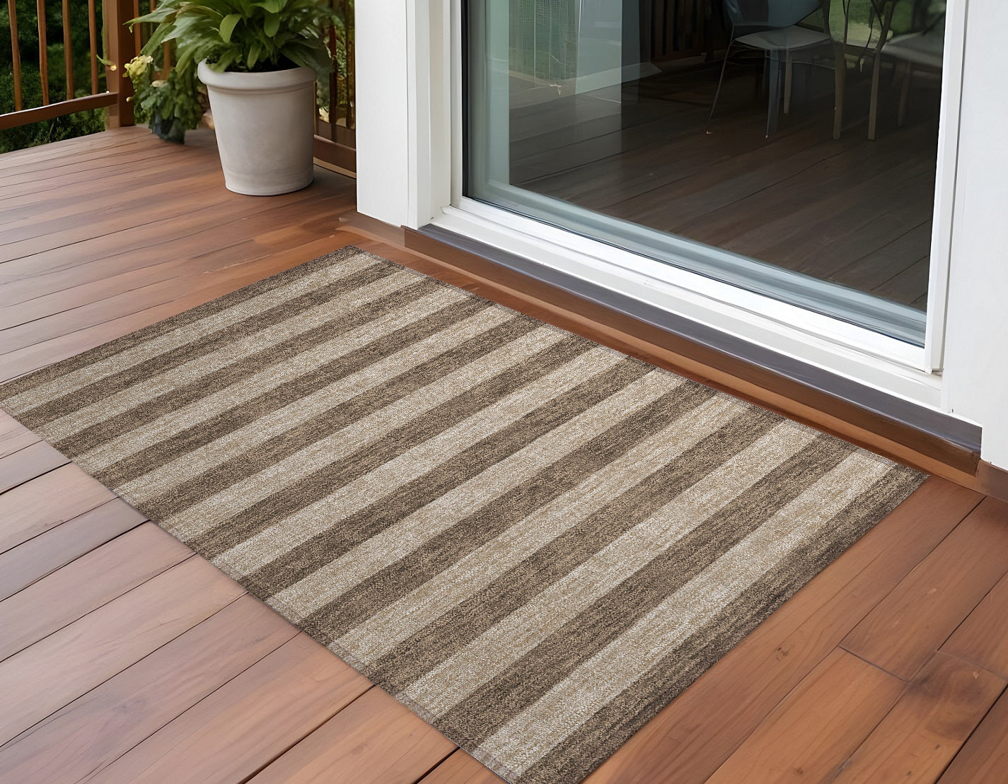 2' X 3' Coffee Striped Washable Non Skid Indoor Outdoor Area Rug