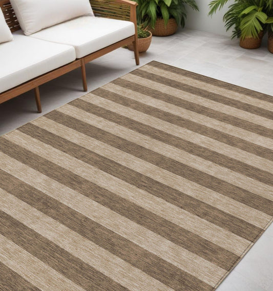 5' X 8' Coffee Striped Washable Indoor Outdoor Area Rug