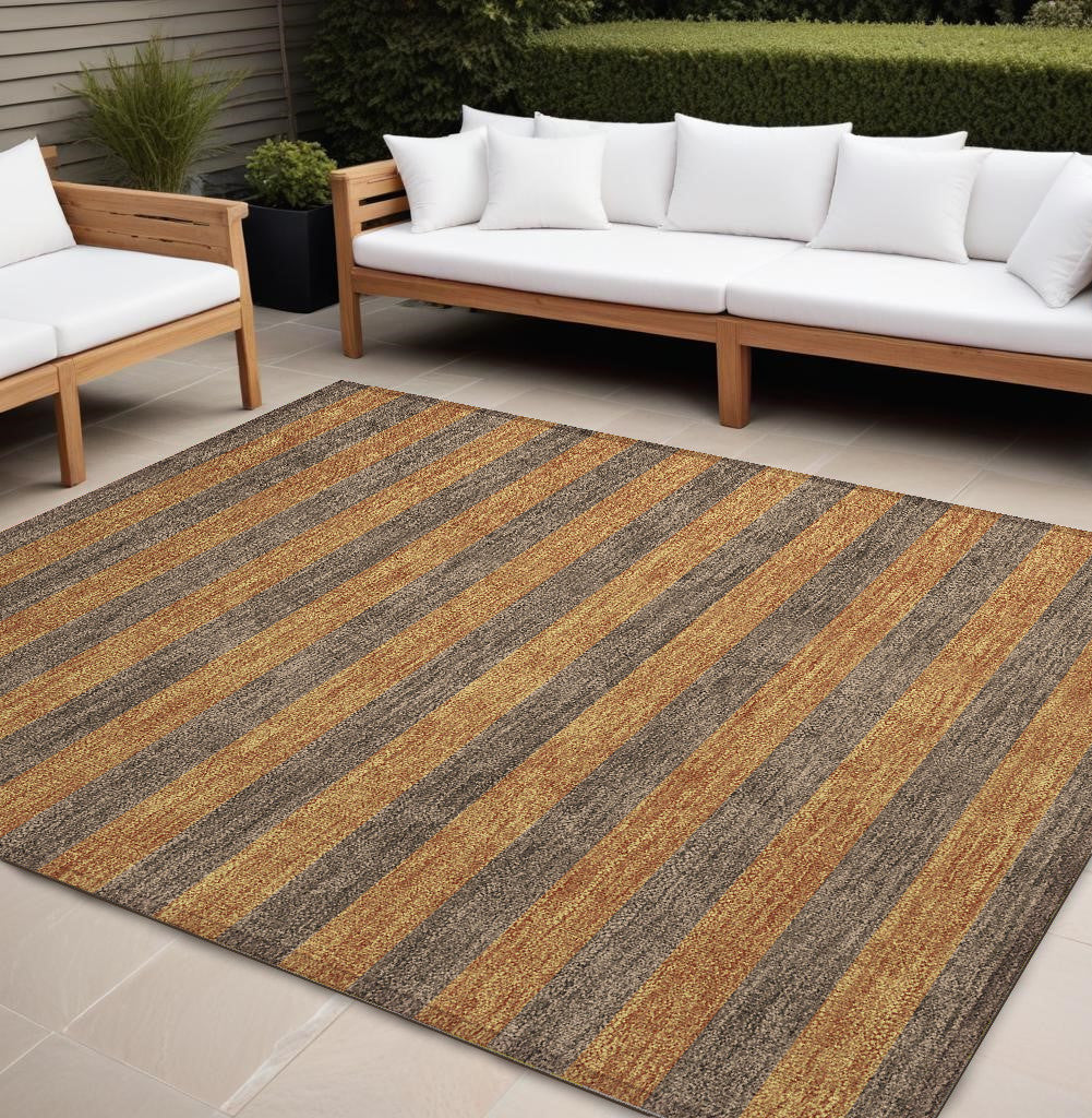 8' X 10' Brown and Tan Striped Washable Non Skid Indoor Outdoor Area Rug