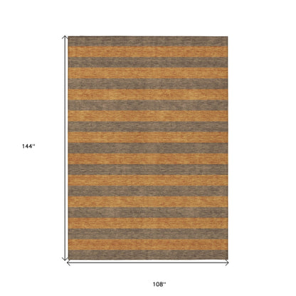 9' X 12' Brown and Tan Striped Washable Non Skid Indoor Outdoor Area Rug