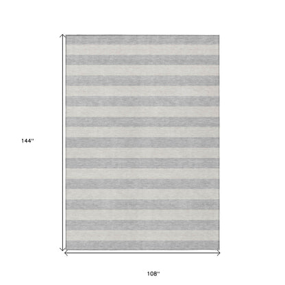 9' X 12' Gray and Ivory Striped Washable Non Skid Indoor Outdoor Area Rug