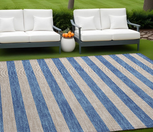 8' X 10' Tan Striped Washable Non Skid Indoor Outdoor Area Rug