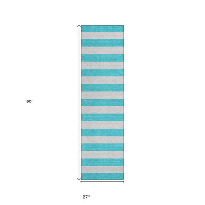 8' Runner Turquoise Striped Washable Non Skid Indoor Outdoor Runner Rug